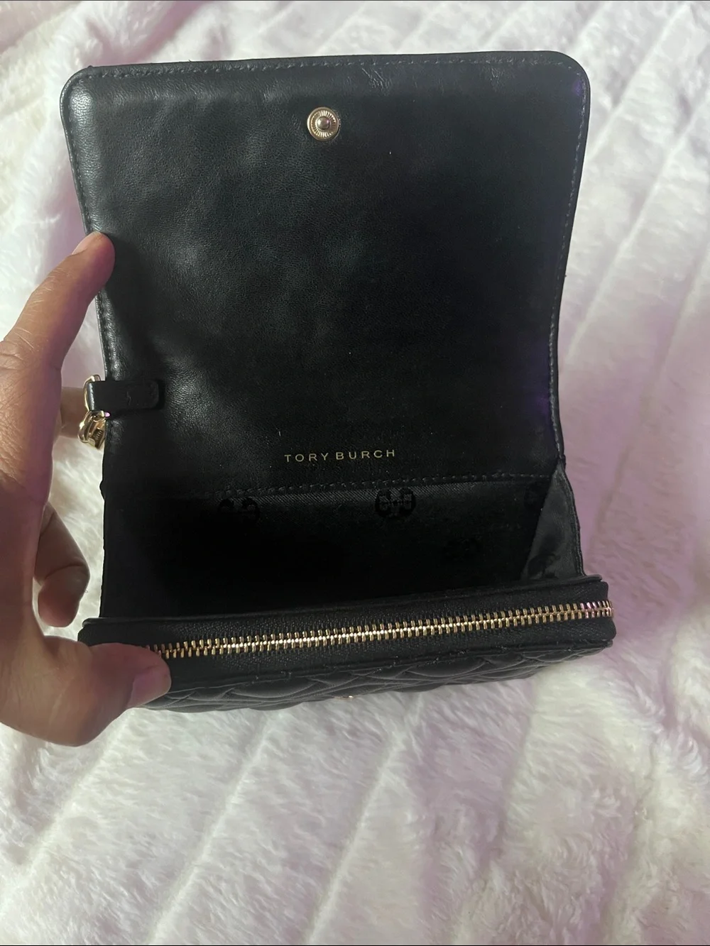Tory Burch Black Quilted Leather Wristlet Clutch with Logo